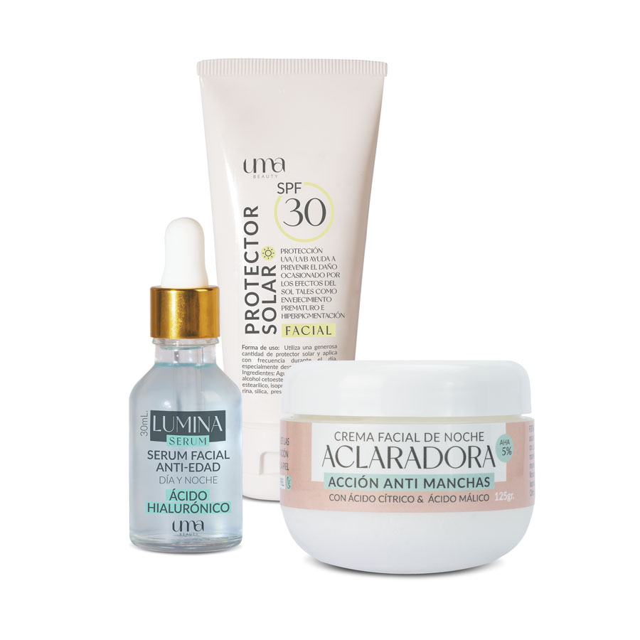 Combo de Crema Aclaradora, Lumina Serum Anti Edad con Ácido Hialurónico y Protector solar FPS30